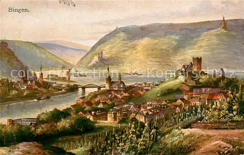 AK / Ansichtskarte Bingen_Rhein und Bingerbrueck Elisenhoehe Burg Klopp Nationaldenkmal Niederwald Kuenstlerkarte Feldpost Bingen Rhein
