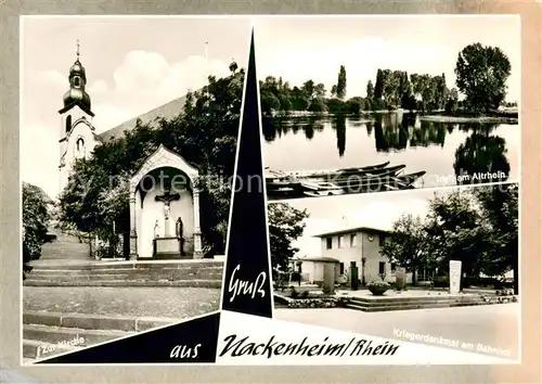 AK / Ansichtskarte Nackenheim Kirche Idyll am Altrhein Kriegerdenkmal am Bahnhof Nackenheim