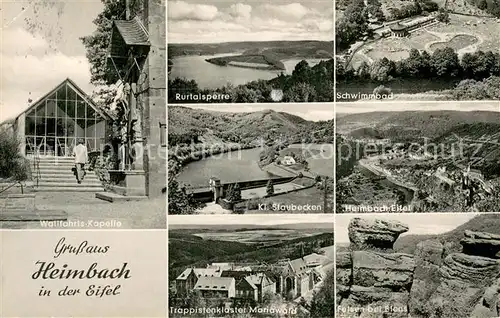 AK / Ansichtskarte Heimbach_Eifel Wallfahrtskapelle Rurtalsperre Freibad Trappistenkloster Mariawald Felsen Fliegeraufnahme Heimbach Eifel