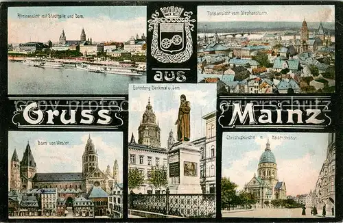 AK / Ansichtskarte Mainz_Rhein Rheinansicht mit Dom Stephansturm Dom Gutenberg Denkmal Christuskirche Kaiserstrasse Mainz Rhein
