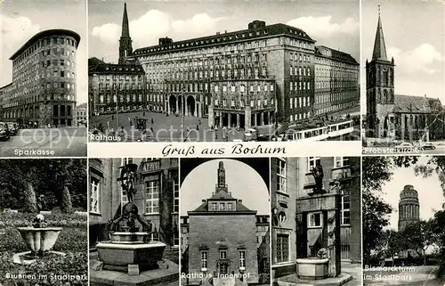 AK / Ansichtskarte Bochum Sparkasse Rathaus Probsteikirche Brunnen im Stadtpark Rathaus Bismarckturm Stadtpark Bochum