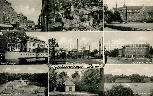 AK / Ansichtskarte Buer_Gelsenkirchen Horster Strasse Rathaus Marienhospital Schloss Berge Zeche Scholven Post Park Kapelle Am Bergerseee Buer Gelsenkirchen