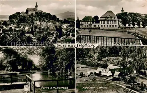 AK / Ansichtskarte Siegburg Panorama Blick zur Abtei Michaelsberg Landratsamt Partie am Muehlenteich Autobahnrasthaus Siegburg