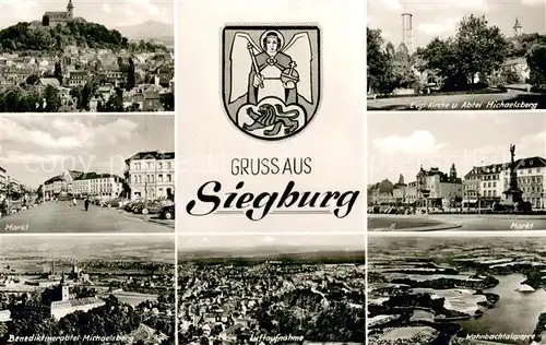 AK / Ansichtskarte Siegburg Teilansichten mit Abtei Michaelsberg Markt Wahnbachtalsperre Fliegeraufnahmen Wappen Siegburg
