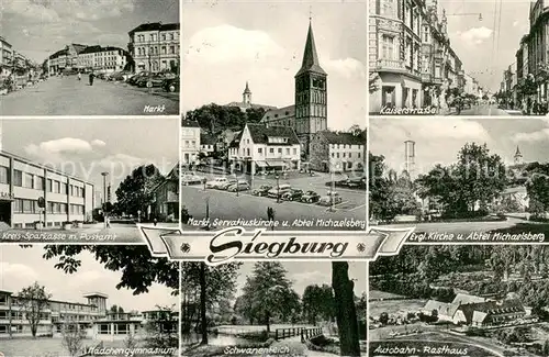 AK / Ansichtskarte Siegburg Markt Sparkasse Postamt Gymnasium Abtei Michaelsberg Schwanenteich Kaiserstrasse Kirche Autobahnrasthaus Siegburg