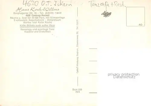 AK / Ansichtskarte Castrop Rauxel Haus Koch Willms Bar Gastraeume Kegelbahn Castrop Rauxel