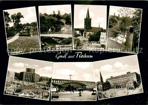 AK / Ansichtskarte Bochum Stadtpark Bismarckturm Propsteikirche Staedt Schauspielhaus Hauptbahnhof Rathaus Bochum