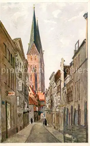 AK / Ansichtskarte Luebeck Fuenfhausen mit Marienkirche Kuenstlerkarte Luebeck