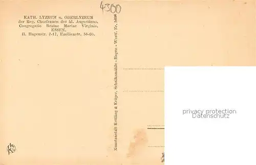 AK / Ansichtskarte Essen_Ruhr Unter den Linden Katholisches Lyzeum und Oberlyzeum der Reg. Chorfrauen des hl. Augustinus Essen_Ruhr