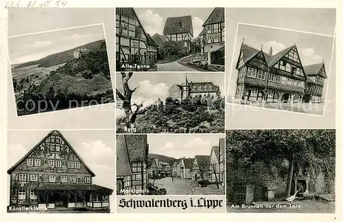 AK / Ansichtskarte Schwalenberg Panorama Alte Tenne Rathaus Burg Kuenstlerklause Marktplatz Brunnen Schwalenberg