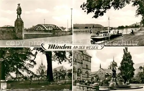 AK / Ansichtskarte Minden_Westfalen Partie am Wesertor Denkmal Statue Fahrgastschiff Dom Brunnen Minden_Westfalen
