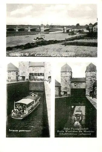 AK / Ansichtskarte Minden_Westfalen Kanalbruecke ueber die Weser Salon Passagierschiff Porta Westfalica Schachtschleuse Minden_Westfalen