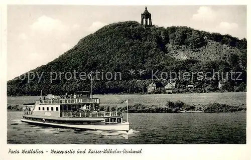 AK / Ansichtskarte Porta_Westfalica Weserpartie und Kaiser Wilhelm Denkmal Fahrgastschiff MS Stoer Porta_Westfalica