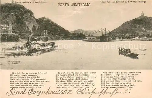 AK / Ansichtskarte Porta_Westfalica Raddampfer Weser Bruecke Bismarcksaeule Jacobsberg Kaiser Wilhelm Denkmal Wittekindsberge Weserlied Porta_Westfalica