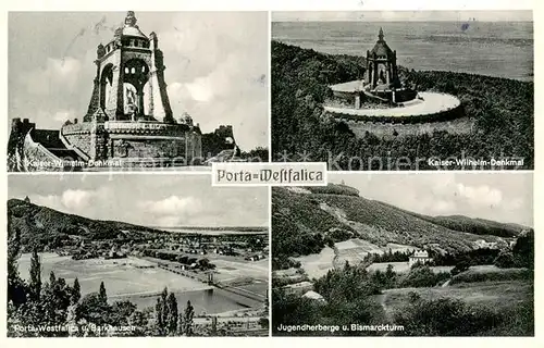 AK / Ansichtskarte Porta_Westfalica Kaiser Wilhelm Denkmal Fliegeraufnahme Panorama mit Barkhausen Jugendherberge Bismarckturm Porta_Westfalica