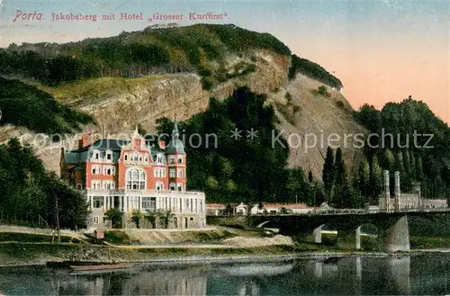 AK / Ansichtskarte Porta_Westfalica Jakobsberg mit Hotel Grosser Kurfuerst an der Weser Bruecke Feldpost Porta_Westfalica