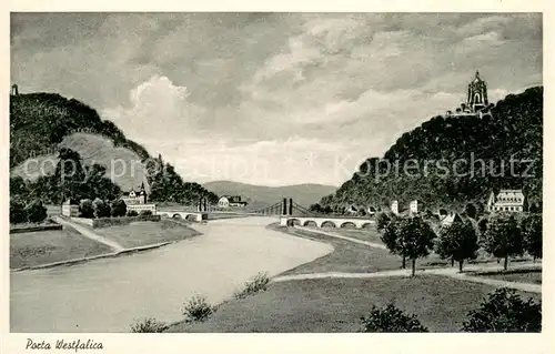 AK / Ansichtskarte Porta_Westfalica Panorama Blick ueber die Weser Jacobsberg Bismarckturm Wittekindsberg Kaiser Wilhelm Denkmal Porta_Westfalica