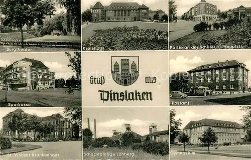 AK / Ansichtskarte Dinslaken Burgtheater Freilichtbuehne Kreishaus Hauptstrasse Sparkasse Postamt Krankenhaus Schachtanlage Lohberg Gymnasium Dinslaken