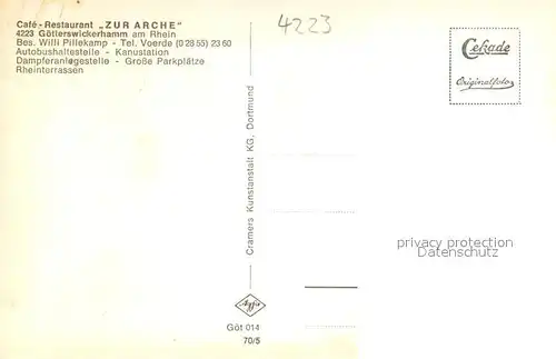 AK / Ansichtskarte Goetterswickerhamm_Niederrhein Cafe Restaurant Zur Arche am Rhein Bootsanleger Fahrgastschiff Promenade Goetterswickerhamm