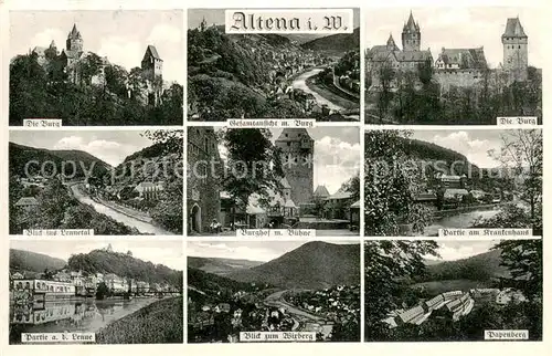AK / Ansichtskarte Altena_Lenne Burg Panorama Lenetal Burghof mit Buehne Krankenhaus Lennepartie Wirbergblick Papenberg Altena_Lenne