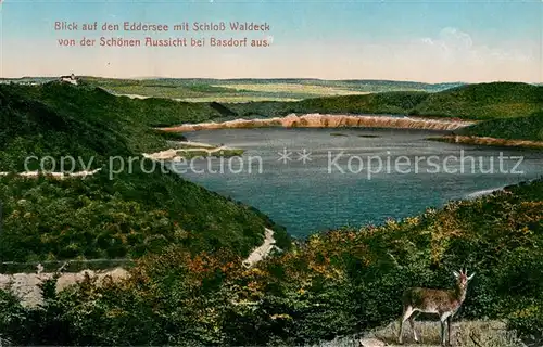 AK / Ansichtskarte Waldeck_Edersee Blick von der Schoenen Aussicht auf Edersee mit Schloss Waldeck Waldeck Edersee