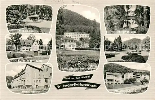 AK / Ansichtskarte Reinhardshausen Musikpavillon Kurheim zur Muehle Westf Hof Sanatorium Schwanenteich Kurpark Waldsanatorium Reinhardshausen