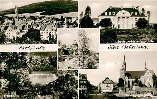 AK / Ansichtskarte Olpe_Stadt Panorama Deutsche Baeckerfachschule Freibad Kurkoelner Platz Hexenturm 