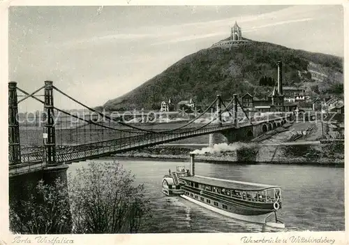 AK / Ansichtskarte Porta_Westfalica Weserbruecke und Wittekindsberg Kaiser Wilhelm Denkmal Raddampfer Kupfertiefdruck Porta_Westfalica