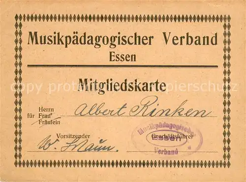 AK / Ansichtskarte Essen_Ruhr Mitgliedskarte Musikpaedagogischer Verband Essen_Ruhr