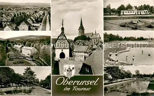 AK / Ansichtskarte Oberursel_Taunus Stadtpanorama Eisenbahn Parkanlagen Freibad Altstadt Kirche Bromsilber Oberursel Taunus