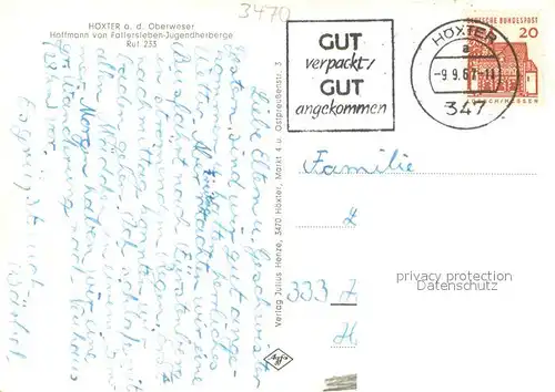 AK / Ansichtskarte Hoexter_Weser Hoffmann von Fallersleben Jugendherberge Hoexter Weser