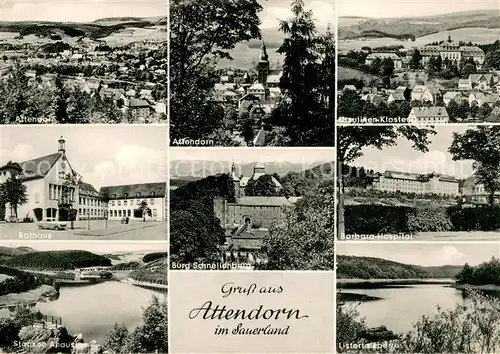 AK / Ansichtskarte Attendorn Panorama Ursulinen Kloster Rathaus Burg Schnallenburg Barbara Hospital Listertalsperre Attendorn
