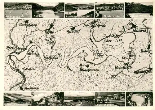 AK / Ansichtskarte Waldeck_Edersee mit Herzhausen Aselbuehl Basdorf Niederwerbe Schloss Waldeck Harbshausen Hohe Fahrt Bringhausen Hemfurt Speicherwerk Petershausen Sperrmauer Waldeck Edersee