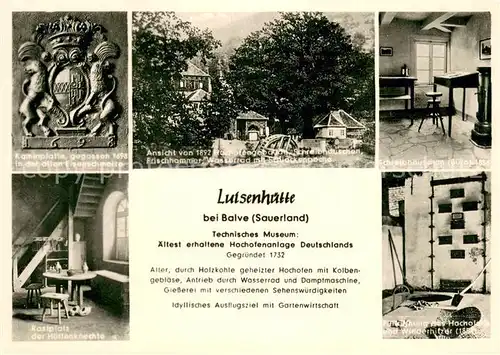 AK / Ansichtskarte Balve Luisenhuette Kaminplatte Rastplatz der Huettenknechte Hochofen Schreibhaeuschen Balve