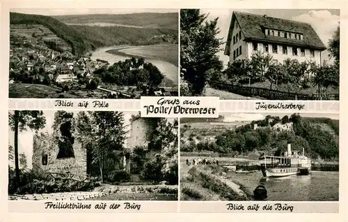 AK / Ansichtskarte Polle_Oberweser Panorama Jugendherberge Freilichtbuehne auf der Burg Weserpartie mit Burg Polle_Oberweser