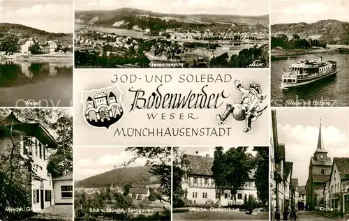 AK / Ansichtskarte Bodenwerder Weserpartie Panorama Dampfer Muenchhausen Grab Berggarten und Geburtshaus Kirche Bodenwerder