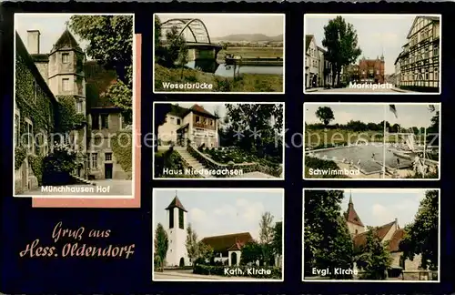 AK / Ansichtskarte Hessisch_Oldendorf Muenchhausen Hof Weserbruecke Haus Niedersachsen Kath Kirche Marktplatz Schwimmbad Ev Kirche Hessisch Oldendorf