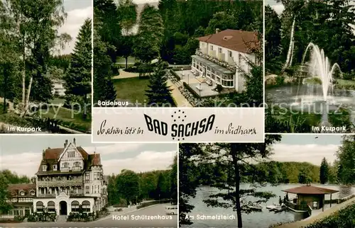 AK / Ansichtskarte Bad_Sachsa_Harz Kurpark Badehaus Fontaene Hotel Schuetzenhaus Am Schmelzteich Bad_Sachsa_Harz