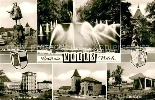 AK / Ansichtskarte Moers_Moers Am Neumarkt Wasserspiele im Schlosspark Schloss Am Kgl Hof Rathaus Hallenbad 