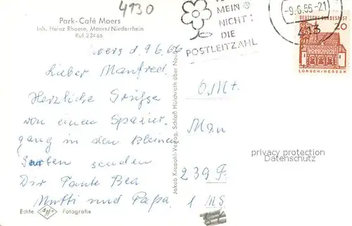 AK / Ansichtskarte Moers_Moers Park Cafe im Schlosspark Statue Gondelteich Wasserspiele 