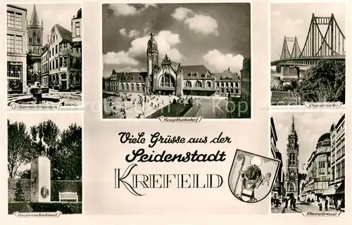AK / Ansichtskarte Krefeld Schwanenbrunnen Hauptbahnhof Rheinbruecke Husarendenmal Rheinstrasse Krefeld