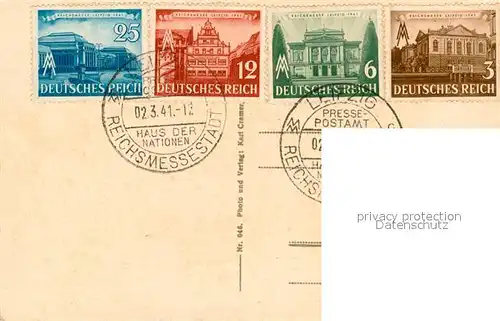 AK / Ansichtskarte Leipzig Augustusplatz mit Mendebrunnen Hochhaus Theater Reichsmessestadt Stempel Leipzig