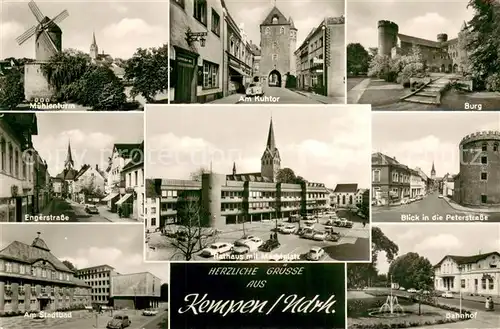 AK / Ansichtskarte Kempen_Niederrhein Muehlenturm Kuhtor Burg Engerstrasse Rathaus Marktplatz Peterstrasse Stadtbad Bahnhof Kempen Niederrhein