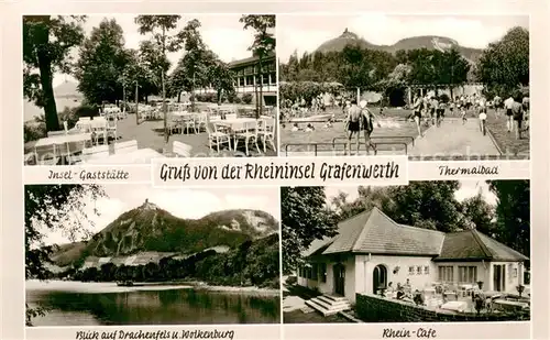 AK / Ansichtskarte Grafenwerth Insel Gaststaette Thermalbad Drachenfels und Wolkenburg Rhein Cafe Grafenwerth