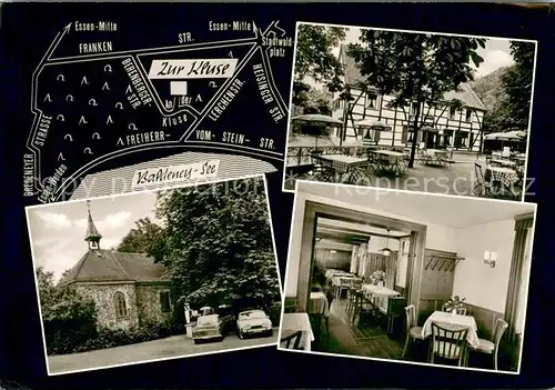 AK / Ansichtskarte Bredeney Gaststaette Zur Kluse Gastraum Terrasse Kapelle Bredeney