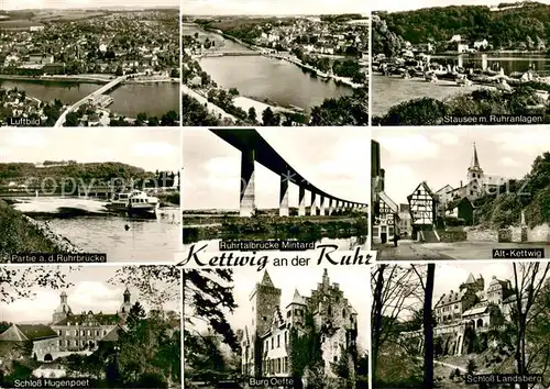 AK / Ansichtskarte Kettwig Stausee Ruhranlagen Fliegeraufnahme Ruhrtalbruecke Altstadt Kirche Schloss Hugenpoet Burg Oette Schloss Landsberg Kettwig