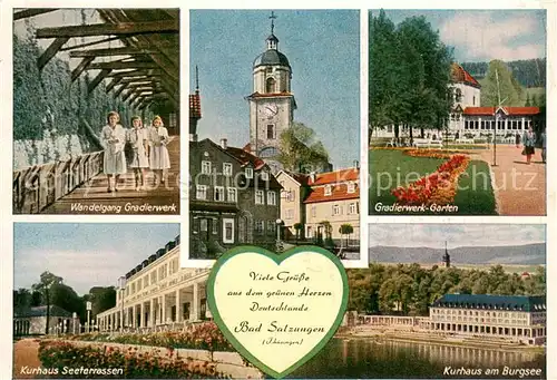AK / Ansichtskarte Bad_Salzungen Wandelgang Gradierwerk Garten Kurhaus Seeterrassen Burgsee Kirche Bad_Salzungen