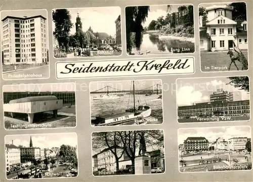 AK / Ansichtskarte Krefeld_Rhein Philadelphiahaus Bahnhof Burg Linn Tierpark Ostwall Rheinbruecke Suedwall Verwaltung VSW Bahnhofsplatz 