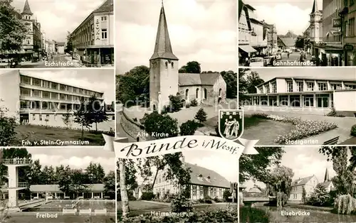 AK / Ansichtskarte Buende_Westfalen Eschstrasse Frh von Stein Gymnasium Alte Kirche Bahnhofstrasse Stadtgarten Freibad Heimatmuseum Elsebruecke Buende_Westfalen