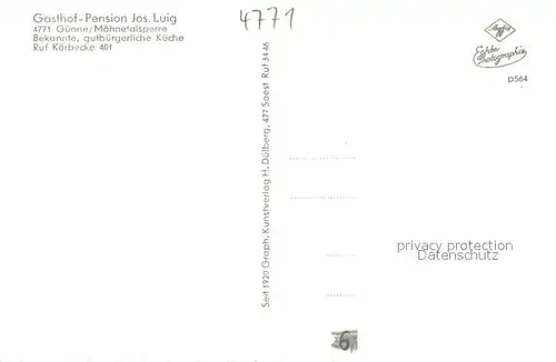 AK / Ansichtskarte Guenne_Moehnesee Gasthof Pension Jos Luig Moehnetalsperre Sperrmauer Kirche Panorama Guenne Moehnesee